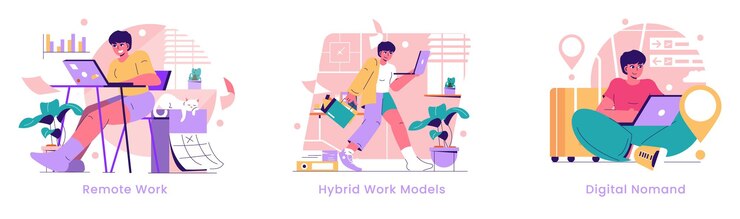 Vector future work models set remote hybrid and nomadic work styles vibrant with color and style