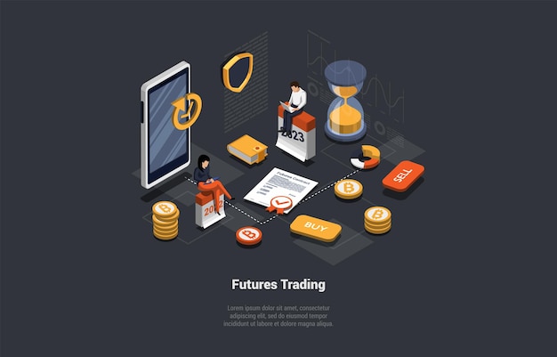 Vector futures trading buy sell assets risks and profits concept brokers analyse global fund and finance traders trade futures with leverage on metals and commodities isometric 3d vector illustration