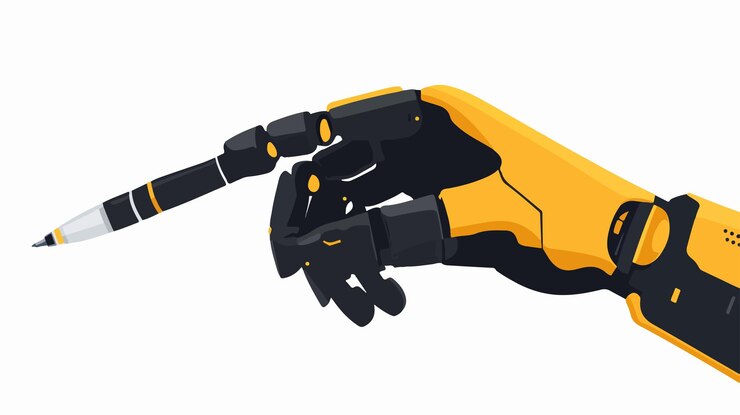 Vector futuristic 3d robot hand holding pen technology transport