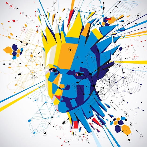 Vector futuristic 3d vector background made using bauhaus elements. head of woman exploding with thoughts created in low poly style, can be used in posters and presentations on subject of human imagination.