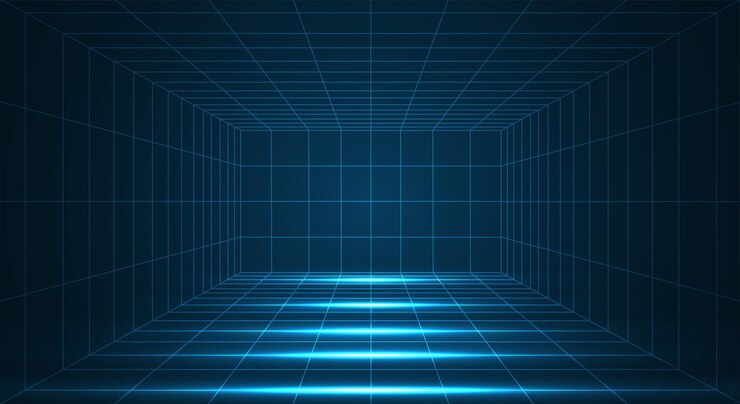Vector futuristic 3d wireframe room perspective grid futuristic digital hallway space in virtual reality