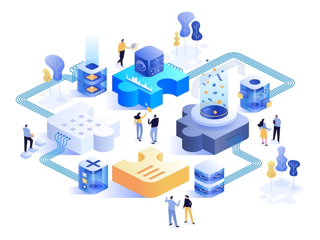 Futuristic abstract office and tech isometric concept Teamwork on different parts of project development of products or services Scientific work or business startup Vector character illustration