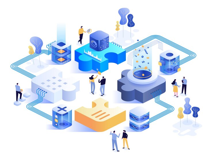 Vector futuristic abstract office and tech isometric concept teamwork on different parts of project development of products or services scientific work or business startup vector character illustration