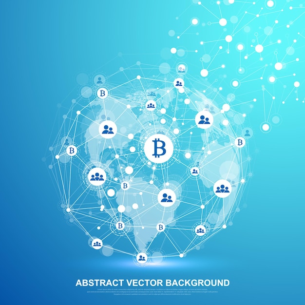 Futuristic abstract vector background blockchain technology. Deep web background. Peer to peer network business concept. Global cryptocurrency blockchain vector banner. Wave flow