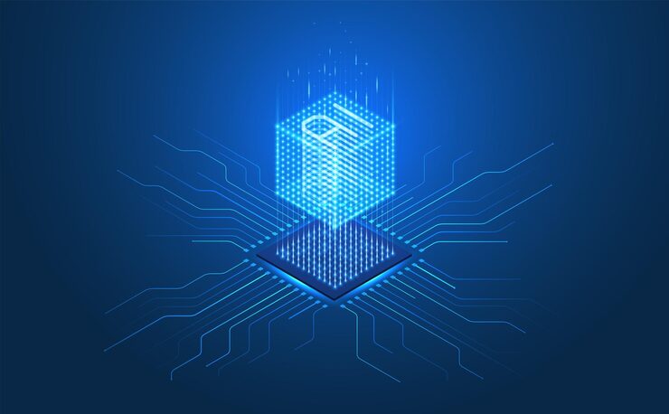 Vector futuristic ai 3d cube in isometric projection glowing chip circuit board data processor abstract digital background machine learning computer network artificial intelligence technology concept