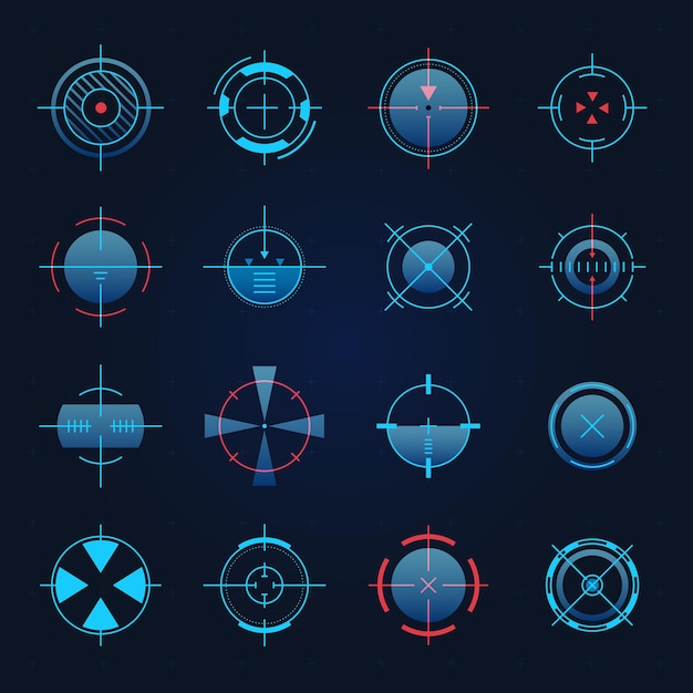 Futuristic aim. Spaceship or sniper weapon focus on target for game hud. Digital hologram crosshair, radar or camera viewfinder vector set, Accurate objective, military equipment circle