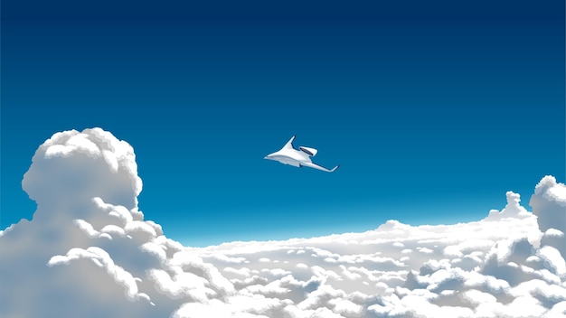 Vettore un aeroplano futuristico che sorvola un cloudscape ad alta quota