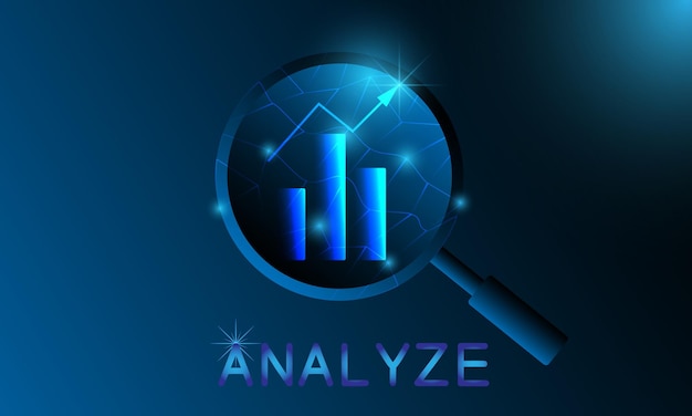 Vector futuristic analyze concept magnifying glass and graph growth glowing symbols and text technology