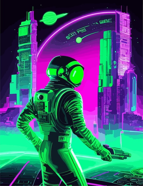 Vector futuristic art of city with astronomy mans in bright colors