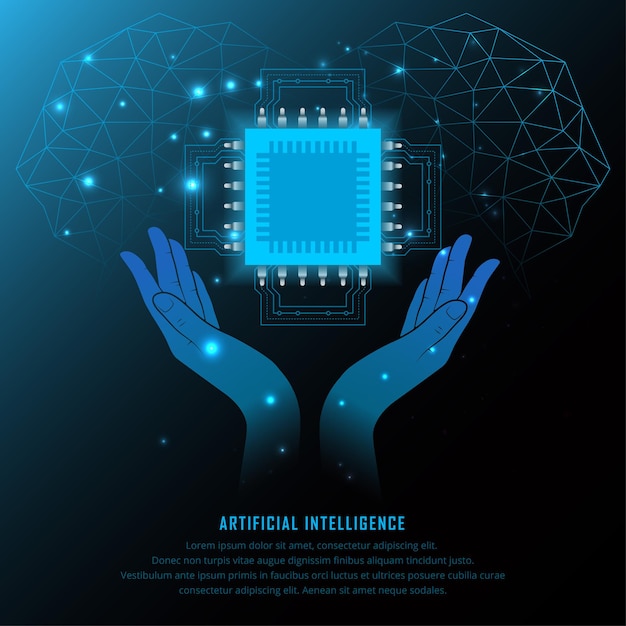 Futuristic Artificial intelligence background Technology Science Day background with chipset hand and geometric elements vector