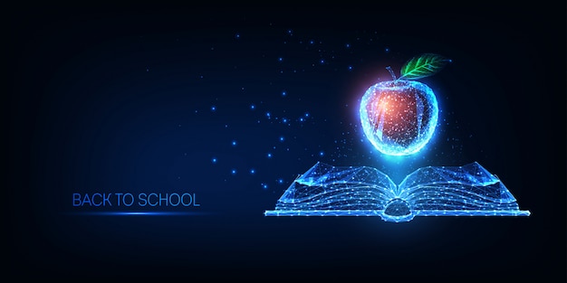 Vector futuristic back to school concept with glowing low polygonal open book and red apple