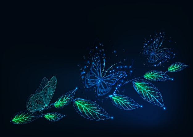 벡터 빛나는 낮은 다각형 나비와 진한 파란색에 녹색 잎 미래 배경.