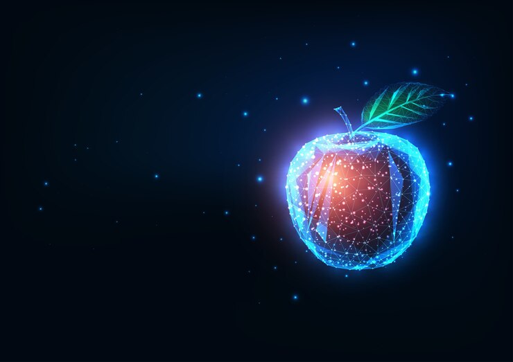 Vector futuristic biotechnology, food engineering concept with glowing low polygonal red apple isolated on dark blue background. modern wire frame mesh.