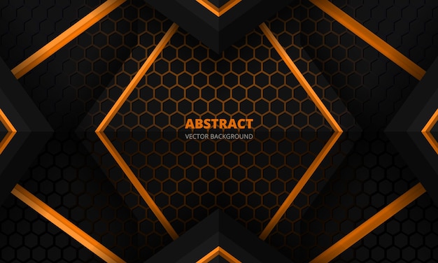 Vector futuristic black and orange abstract gaming banner with hexagon carbon fiber grid and black triangles