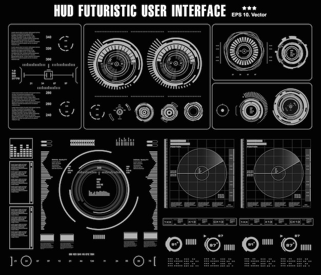 Interfaccia utente tattile virtuale hud in bianco e nero futuristica in uno schermo con tecnologia di realtà virtuale dal design piatto