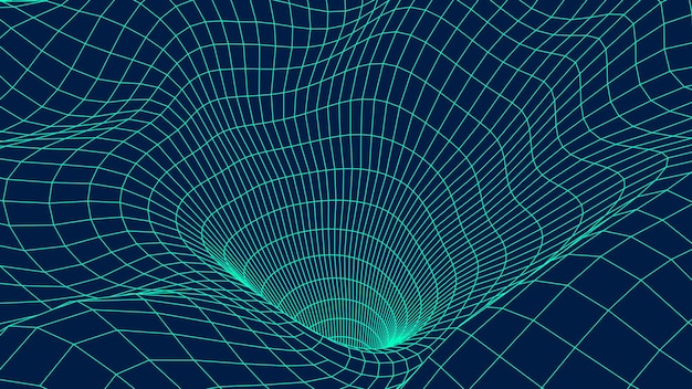 Futuristic blue funnel Wireframe space travel tunnel Abstract blue wormhole with surface warp Vector illustration