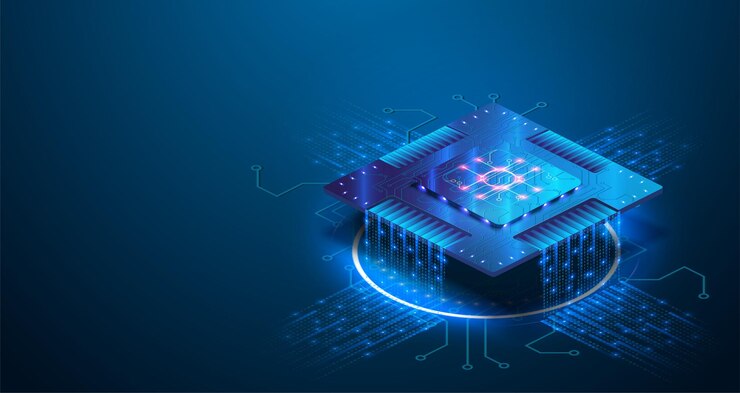 Vector futuristic blue neon microchip data exchange and collection smart new microchip concept quantum computer large data processing database concept cpu isometric banner central computer processors