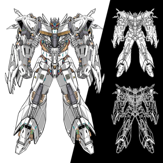 未来のボット黒と白のスケッチ巨大なメカロボット体脚武器イラストプレミアムベクトル