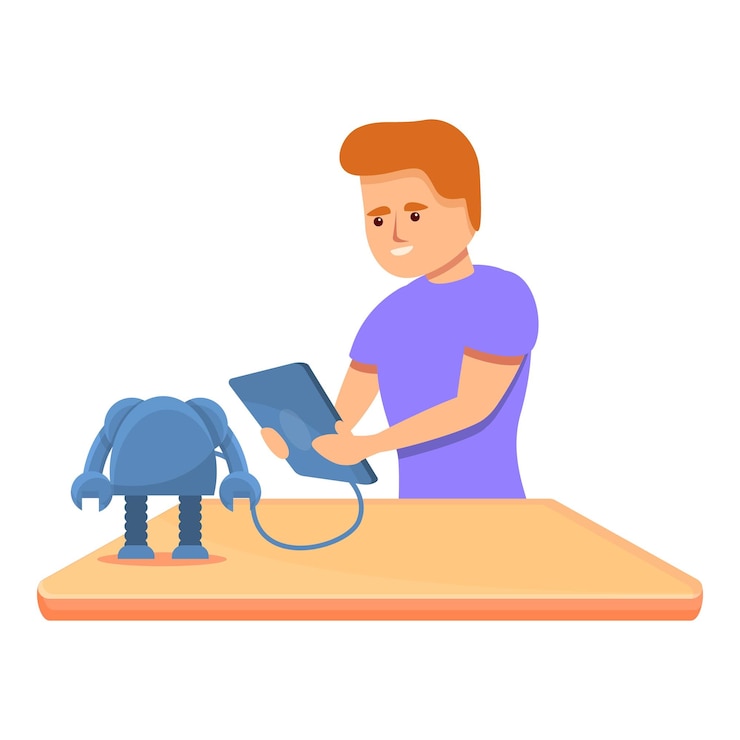 Вектор футуристический мальчик, программирующий иконку робота мультфильм футуристического мальчика, программирующего векторную иконку робота для веб-дизайна, изолированный на белом фоне