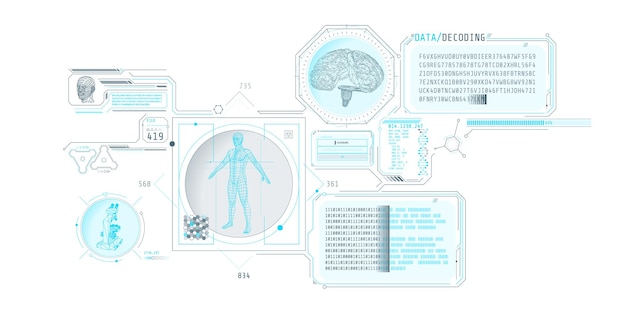 Vector futuristic brain research program interface with data decoding