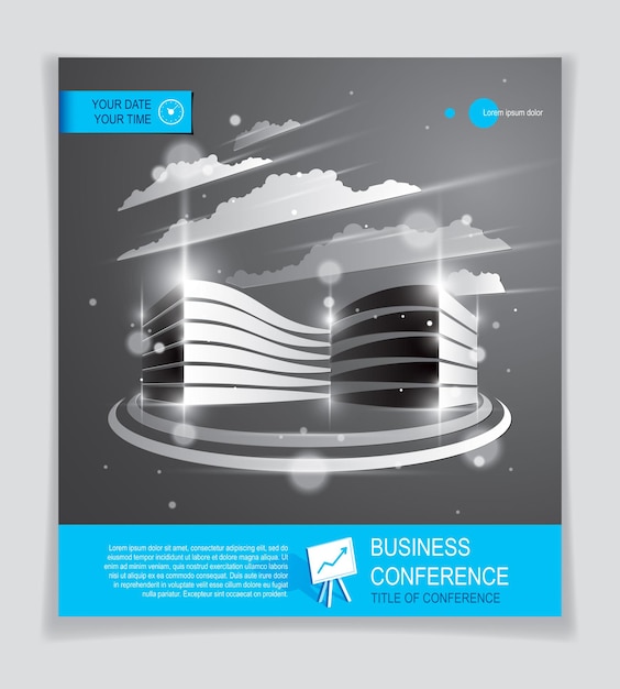 Futuristic building ad, modern vector architecture brochure with blurred lights and glares effect. Real estate realty business center grey design. 3D futuristic facade business conference template.