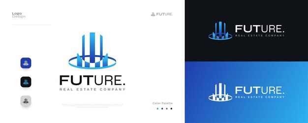 Design futuristico del logo dell'edificio in stile sfumato blu adatto per l'architettura della costruzione tecnologica o il logo della società immobiliare