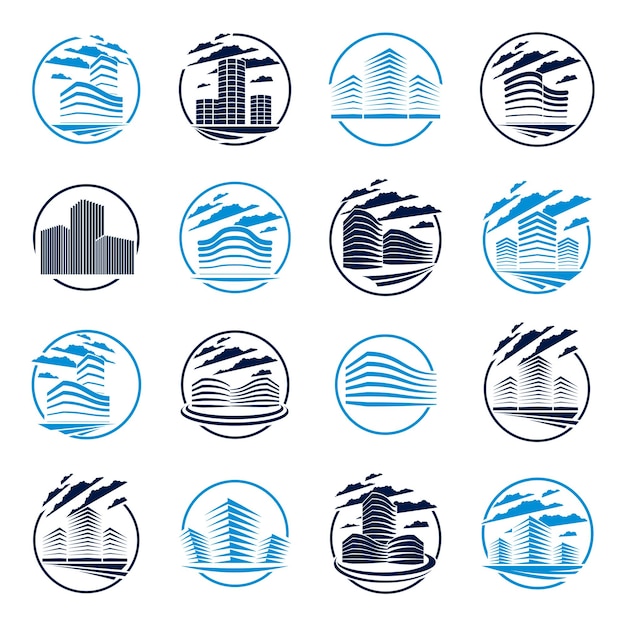 Futuristic building round shape icon or logos set, modern style vector architecture illustrations collection. Real estate realty business center designs. 3D business office facades in big city.