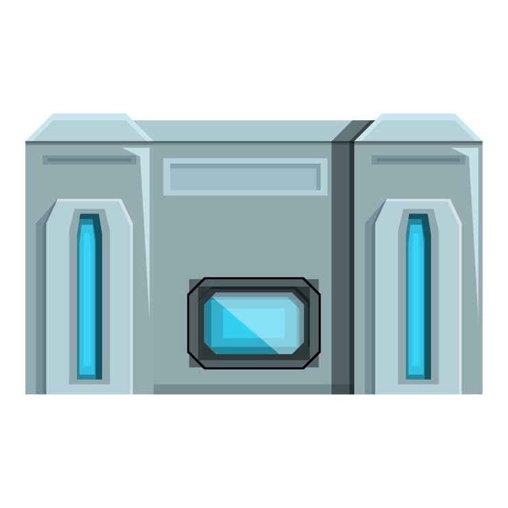 Vector futuristic building with glowing windows and metallic structure