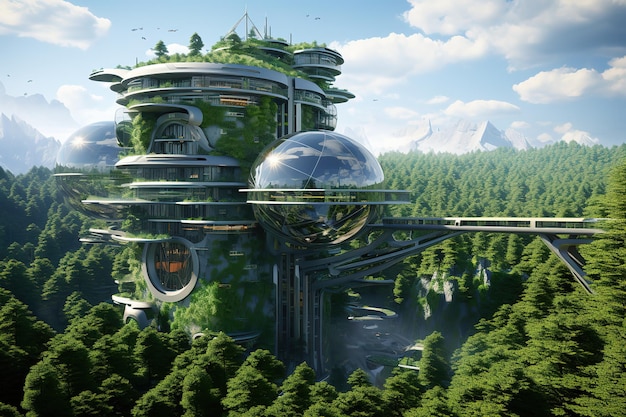 a futuristic building with a green roof and a large green roof