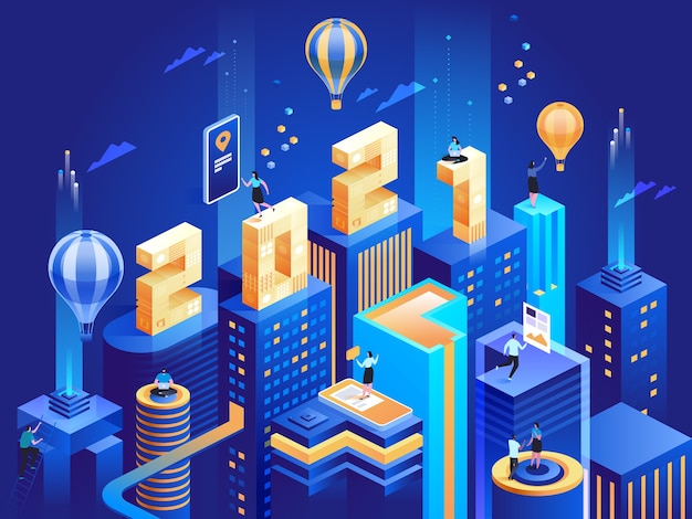 Futuristic business city in isometric view with numbers. happy new year business concept. abstract modern skyscrapers, urban cityscape, employees work at downtown. character illustration