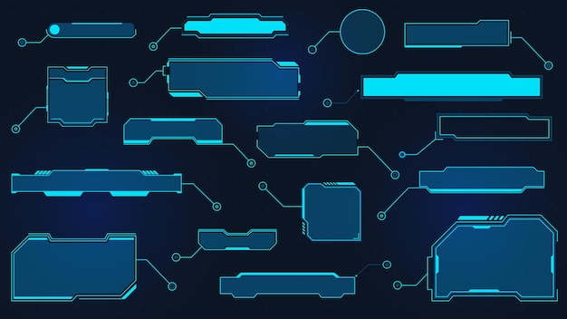 Futuristic callout titles. Virtual sci fi textbox for HUD. Tech hologram data frames. Cyber UI callouts. Digital layout element vector set. Information call box bars and modern info
