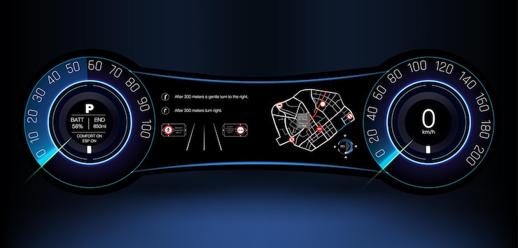 Vector futuristic car dashboard display showcasing navigation and speed metrics in a sleek dark environment
