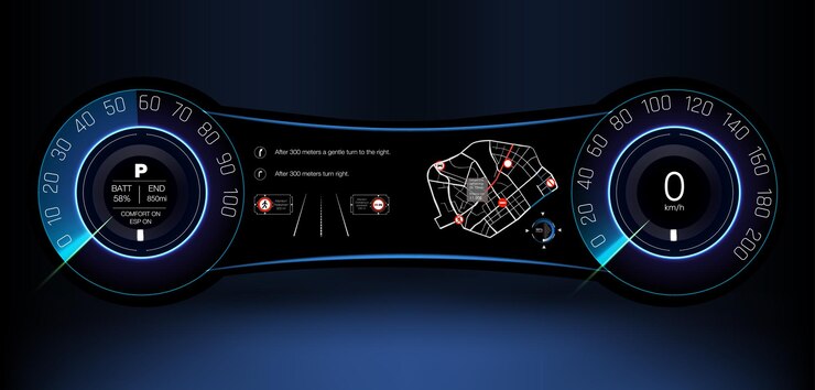 Vector futuristic car dashboard display showcasing navigation and speed metrics in a sleek dark environment