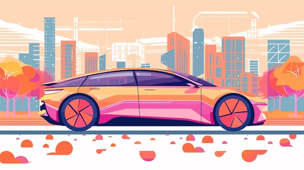 Futuristic car driving on roads in city vector flat illustration