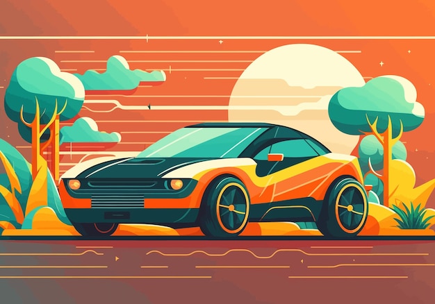 Vector futuristic car poster sportcar nature science technology navigation engineering gaming cyberpunk electro driving racing science fiction concept vector illustration