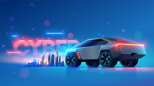 シルバーカー - 未来都市の背景に立つシルバーカー - 自動運転スマート自動車のサイフィーコンセプト - 電気自動車または輸送 - 素晴らしいサイバーパンクスタイルのコンセプトサイバーカー