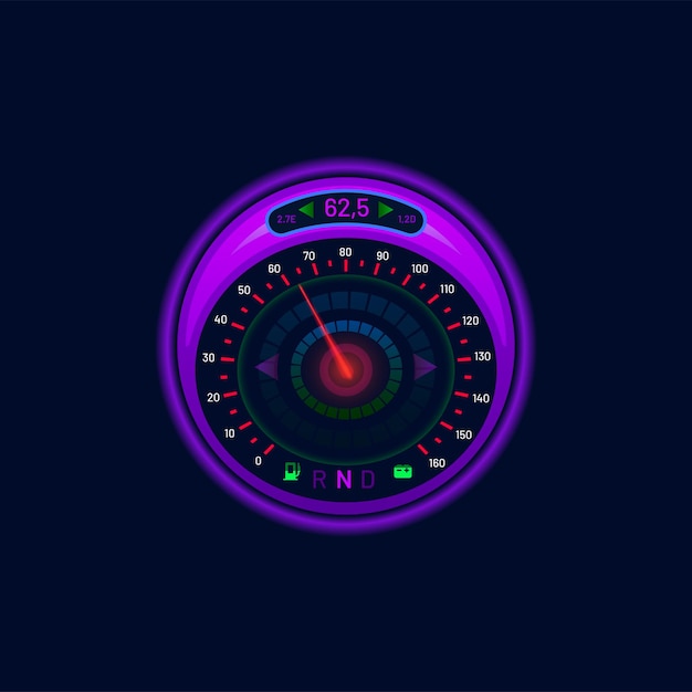 Futuristic car speedometer or gauge dial neon LED speed meter vector dashboard Car speedometer and digital auto technology interface speed counter or tachometer indicators panel on glow display