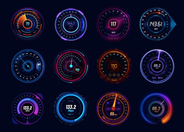 Futuristic car speedometer gauge neon dials