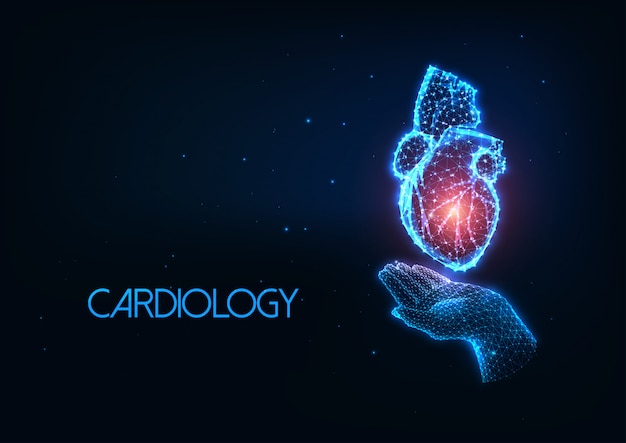 Futuristic cardiology concept with glowing polygonal human hand holding heart organ