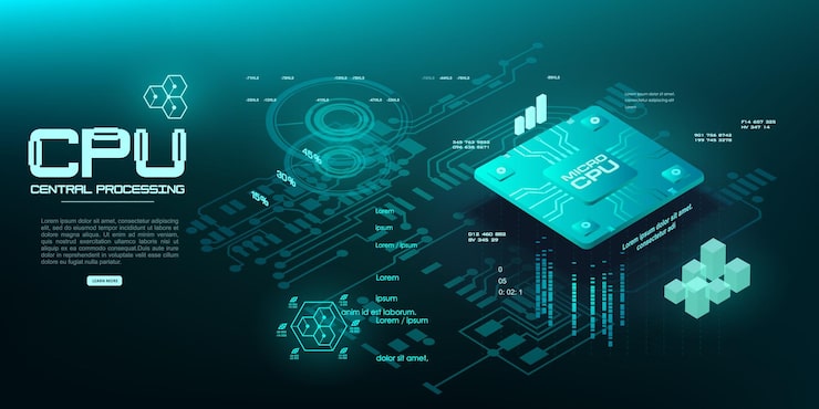 Vector futuristic central microprocessor for personal computing device a quantum computer for processing and computing large amounts of information microprocessor in isometric view on green background dig
