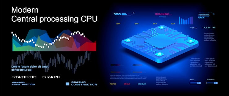 Vector futuristic central processing unit for computer on modern cyber background with hud elements computer processor presentation modern powerful new generation processor concept cyber banner