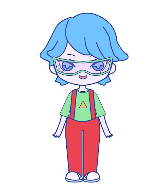 Vector futuristic chibi character japanese style kawaii teenager with blue hair and techno glasses