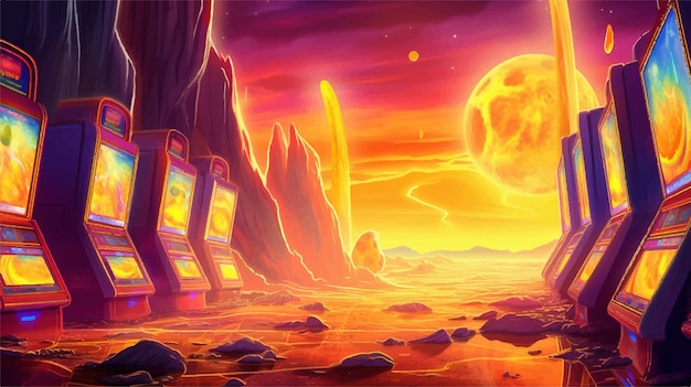 Vector futuristic city a bright orange sky orange sunset with a river and a mountain game background