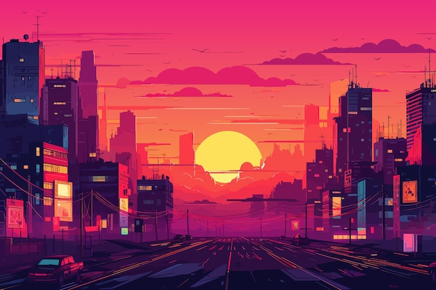 Futuristic city Flat purple cyberpunk city Vector illustration