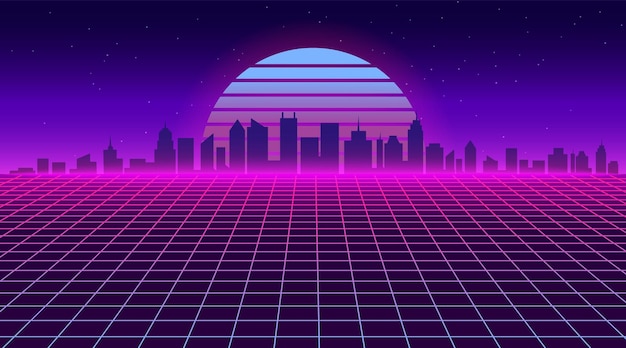 Vettore paesaggio cittadino futuristico retro anni '80 sfondo a griglia con grattacieli anni '80 gioco al neon telaio da parati sunset sfondo cittadino con silhouette di edifici illustrazione vettoriale città con grattacili