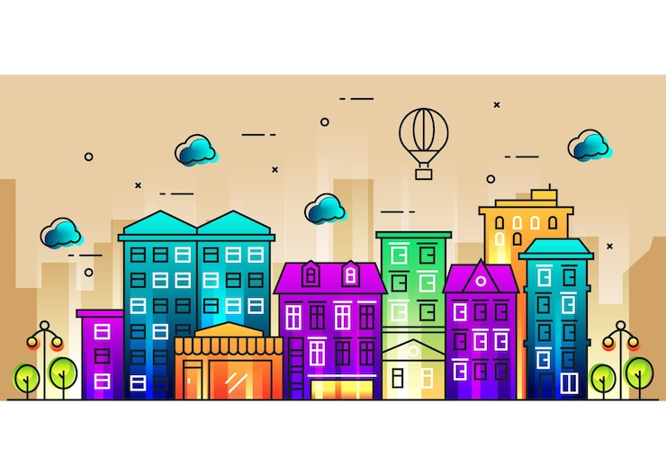 Vector futuristic city line illustration in colorful design