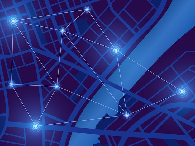 Futuristic city map. Gps location monitor. Top view digital night city. Navigation technology  background