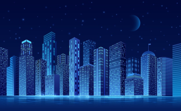 Futuristic city Neon architecture landscape with skyline in dark Night 3d urban skyscraper concept Lights building silhouettes exact vector background