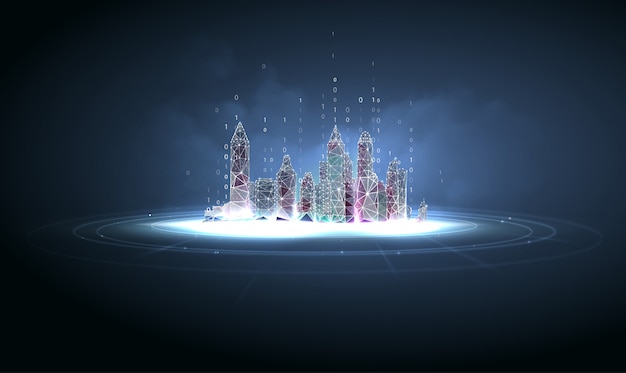 Futuristic city in polygonal wireframe style