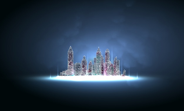 Futuristic city in polygonal wireframe style